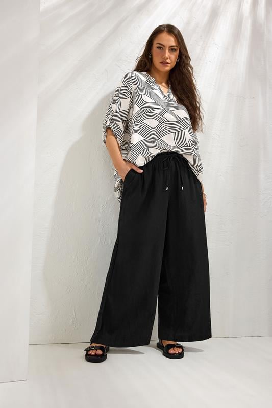  EVANS Curve Black Wide Leg Premium Linen Trousers