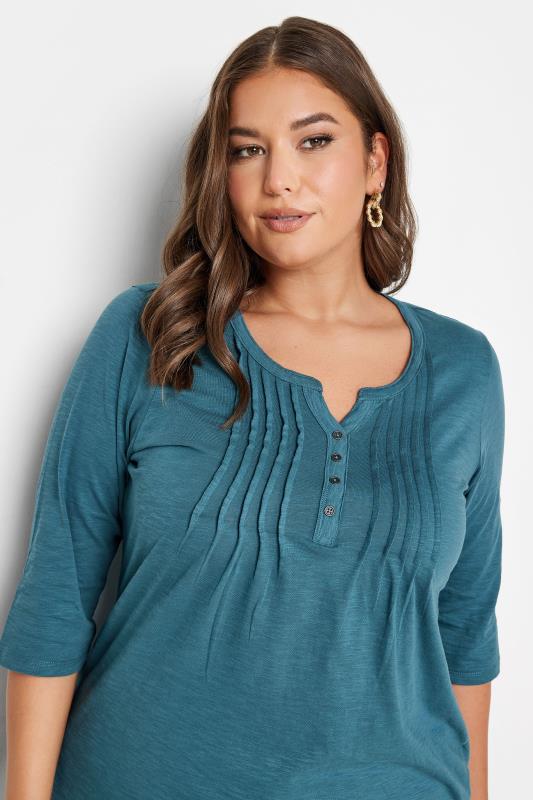 YOURS Curve Plus Size 2 PACK Teal Blue & Black Pintuck Henley Tops | Yours Clothing  6
