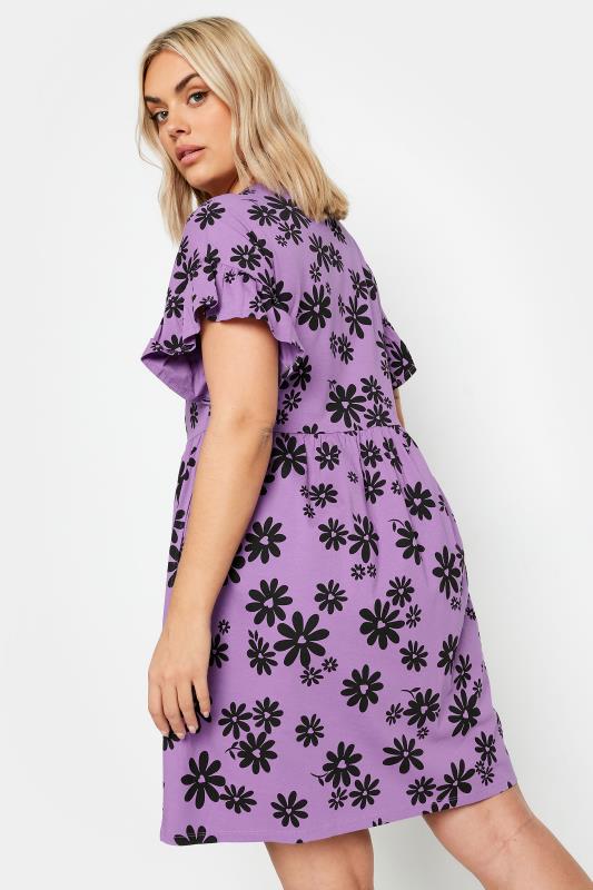 YOURS Plus Size Purple Daisy Print Frill Sleeve Smock Tunic Dress | Yours Clothing 3