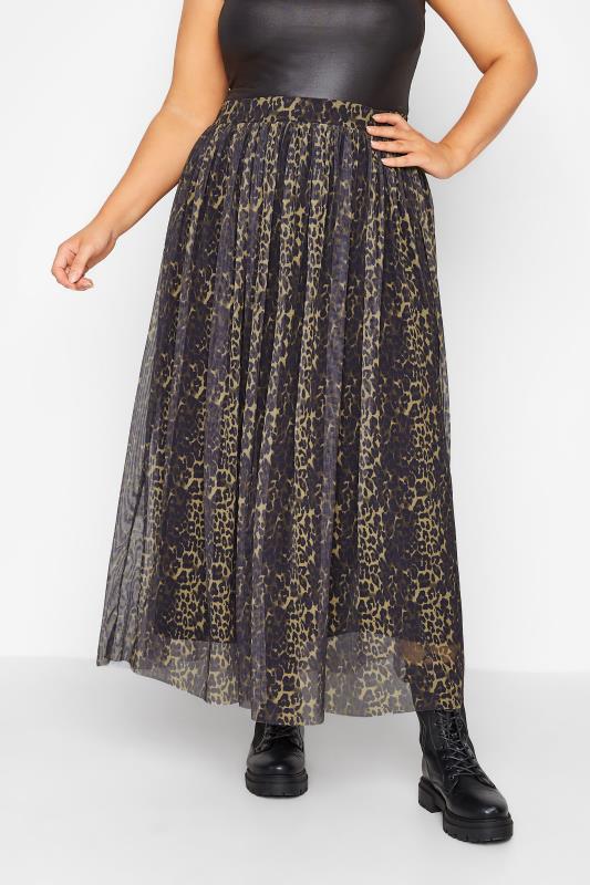 Plus Size  Curve Brown Leopard Print Stretch Maxi Skirt