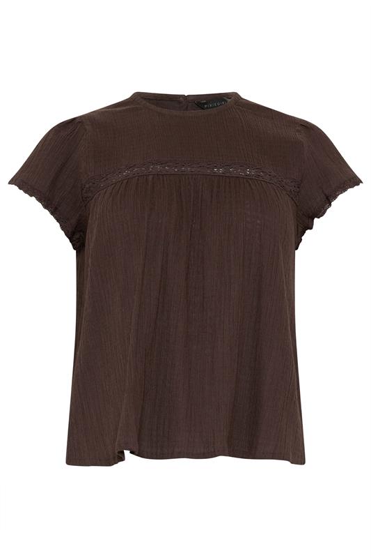 PixieGirl Petite Women's Chocolate Brown Crochet Crinkle Top | PixieGirl 5
