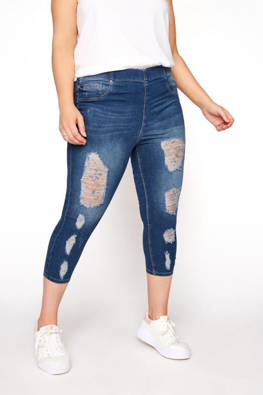 Plus Size Cropped Jeans YOURS FOR GOOD Curve Indigo Blue Distressed Stretch Cropped JENNY Jeggings