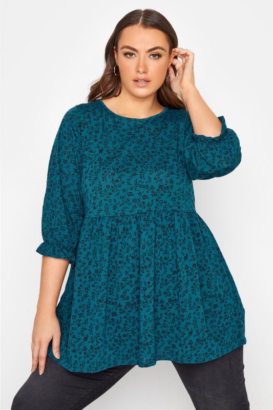 LIMITED COLLECTION Curve Teal Blue Ditsy Print Frill Peplum Top 1