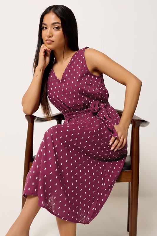 M&Co Petite Berry Purple Dobby Tie Waist Midi Dress | M&Co 1