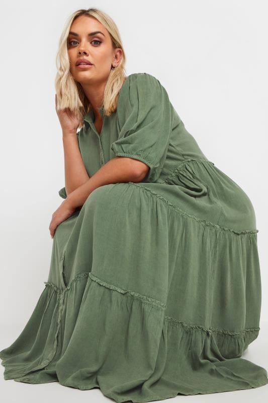 YOURS Plus Size Green Short Sleeve Tiered Midi Dress | Yours Clothing 4