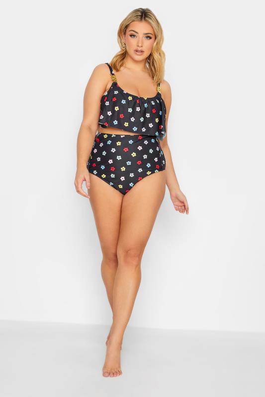 YOURS Plus Size Black Daisy Print High Waisted Tummy Control Bikini Brief | Yours Clothing 2