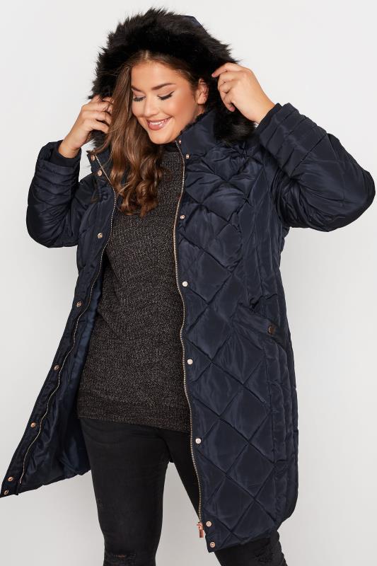 Plus Size  Curve Navy Blue Diamond Quilted Midi Puffer Coat