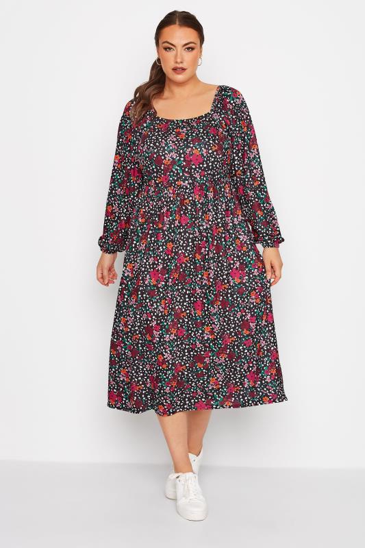 LIMITED COLLECTION Plus Size Black Floral Smock Dress | Yours Clothing  2