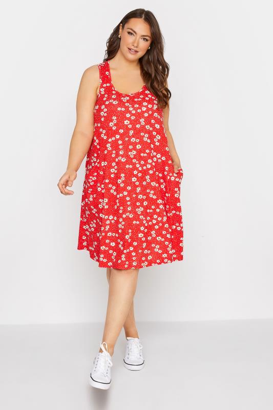 Plus Size Red Daisy Print Drape Pocket Dress | Yours Clothing 2