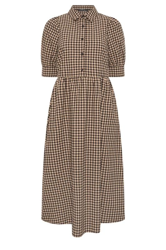 PixieGirl Petite Women's Brown Gingham Print Cotton Shirt Midi Dress | PixieGirl 5