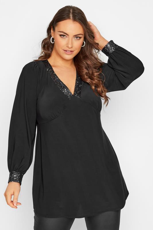 YOURS LONDON Plus Size Black Sequin Trim Top | Yours Clothing 1