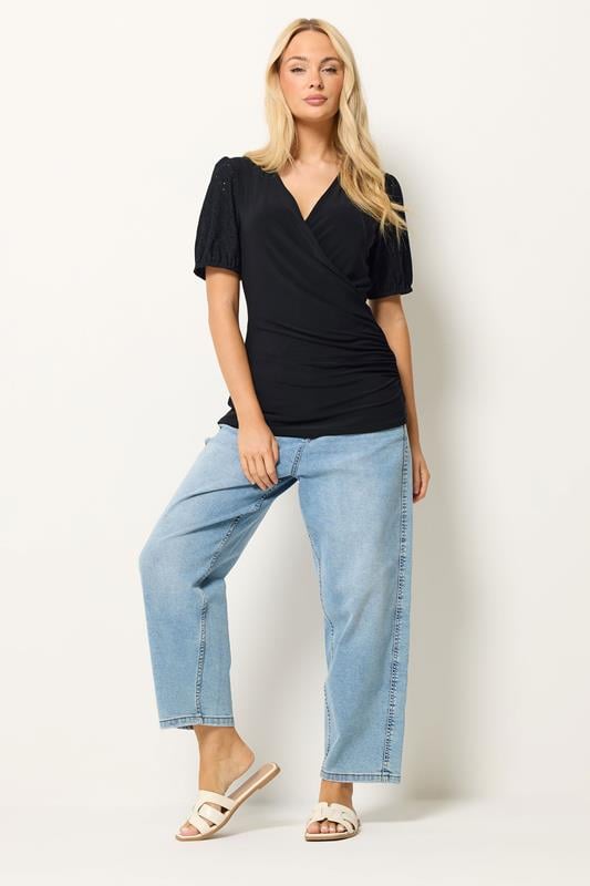 M&Co Black Broderie Sleeve Wrap Top | M&Co 1