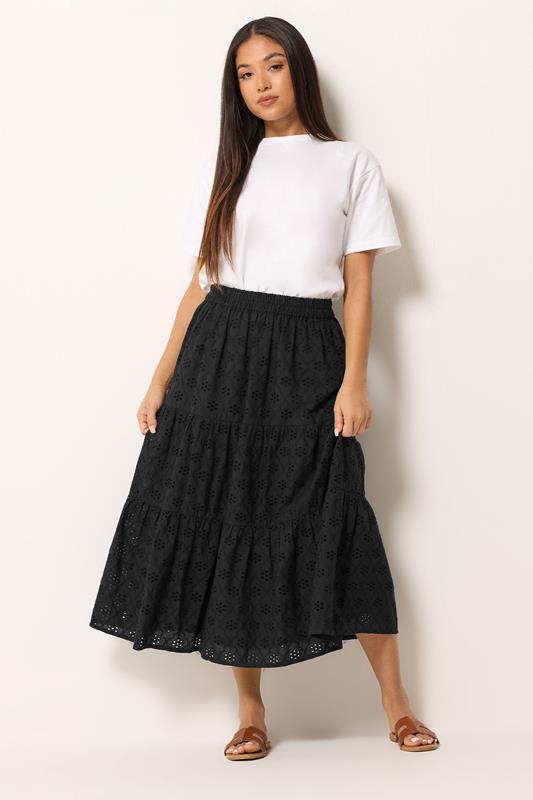 M&Co Petite Black Broderie Tiered Cotton Maxi Skirt | M&Co 1