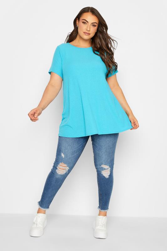 YOURS Curve Plus Size Aqua Blue Ribbed T-Shirt | Yours Clothing  2