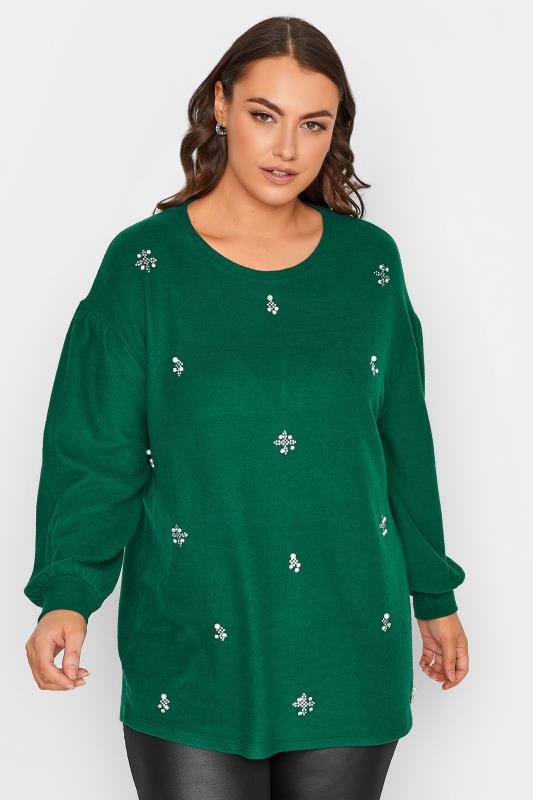 YOURS LUXURY Plus Size Green Diamante Embellished Soft Touch Jumper | Yours Clothing 2