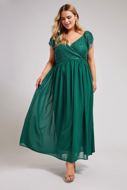 Plus Size  YOURS LONDON Curve Green Lace Wrap Maxi Dress