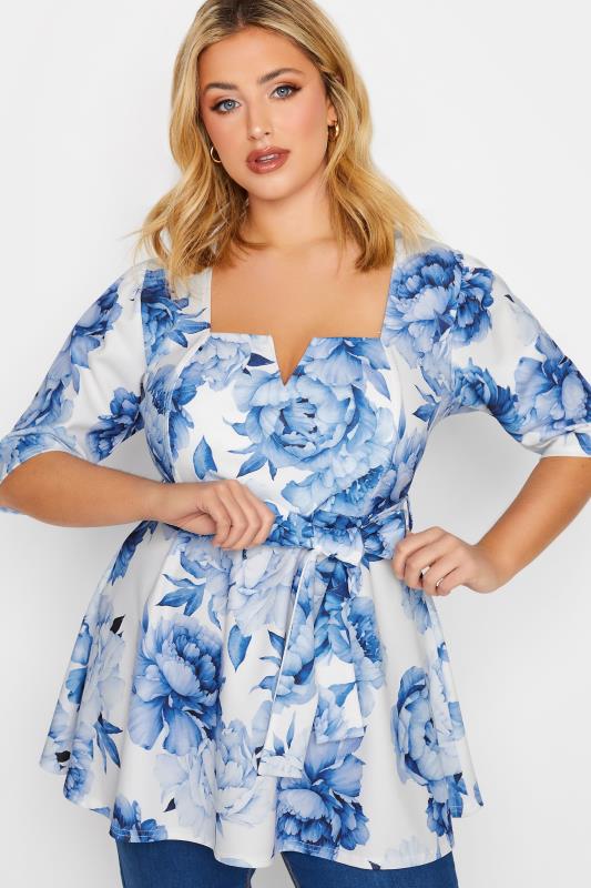 YOURS LONDON Plus Size White & Blue Floral Print Peplum Top | Yours Clothing 4