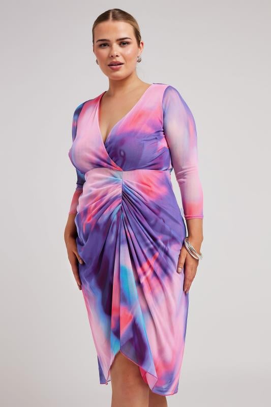 YOURS LONDON Curve Pink Abstract Print Mesh Gathered Midi Dress | Plus Size Clothing 4