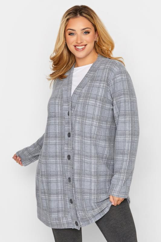 Curve Plus Size Blue & Grey Check Button Soft Touch Cardigan | Yours Clothing  2