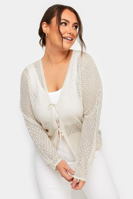 YOURS Curve Plus Size Cream Metallic Tie Knot Front Cardigan | Yours Clothing  4