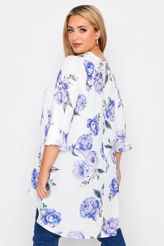 YOURS LONDON Plus Size White Floral Flute Sleeve Tunic Top | Yours Clothing 3