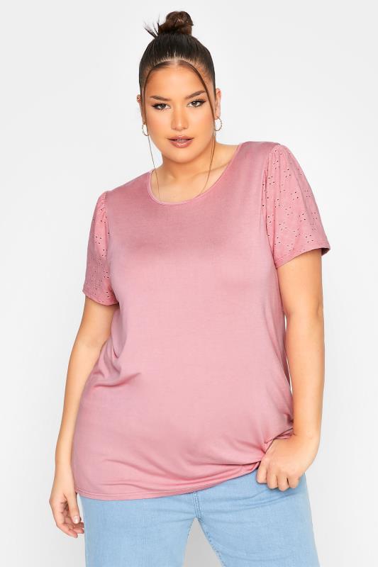 LIMITED COLLECTION Curve Dusky Pink Broderie Anglaise Sleeve T-Shirt 1