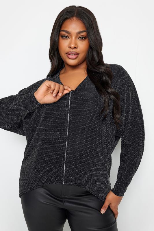 YOURS Plus Size Black Glitter Zip Through Top | Yours Clothing 1