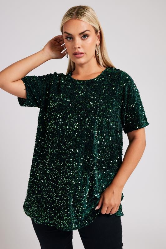  Tallas Grandes YOURS LONDON Curve Emerald Green Velvet Sequin Top