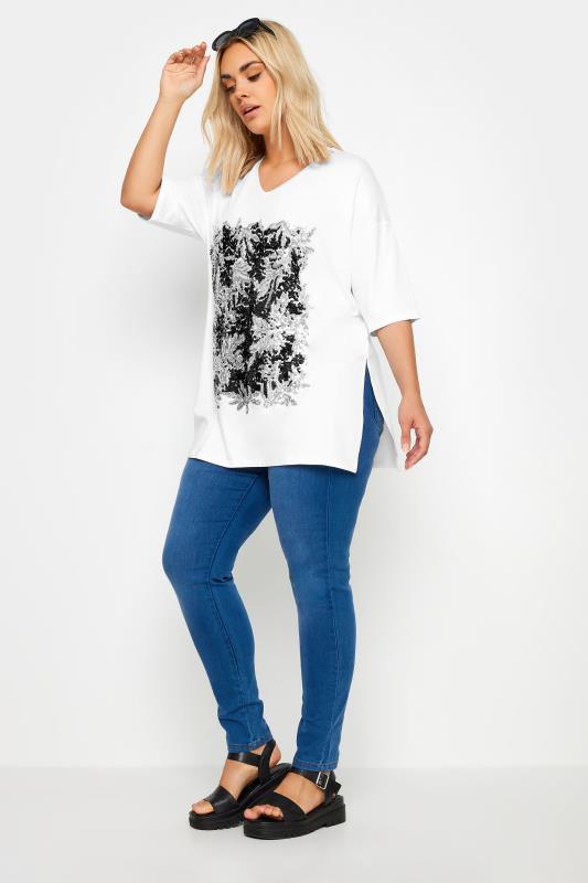 YOURS Plus Size White Abstract Print Sequin Embellished Top | Yours Clothing 2