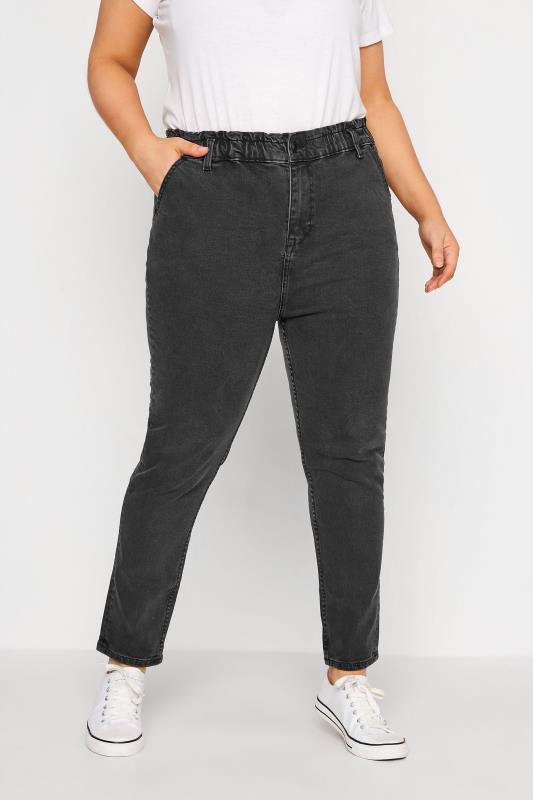 Plus Size  Curve Black Washed Elasticated MOM Jeans