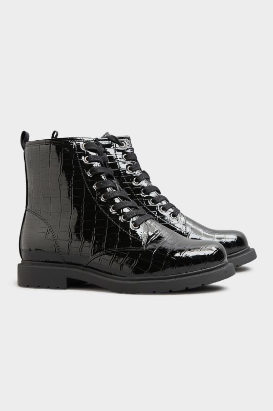 Plus Size  Black Patent Croc Chunky Lace Up Boots In Extra Wide Fit