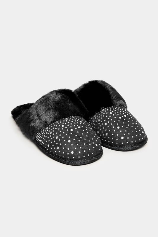 Black Faux Fur Diamante Embellished Mule Slippers In Extra Wide EEE Fit | Yours Clothing 2
