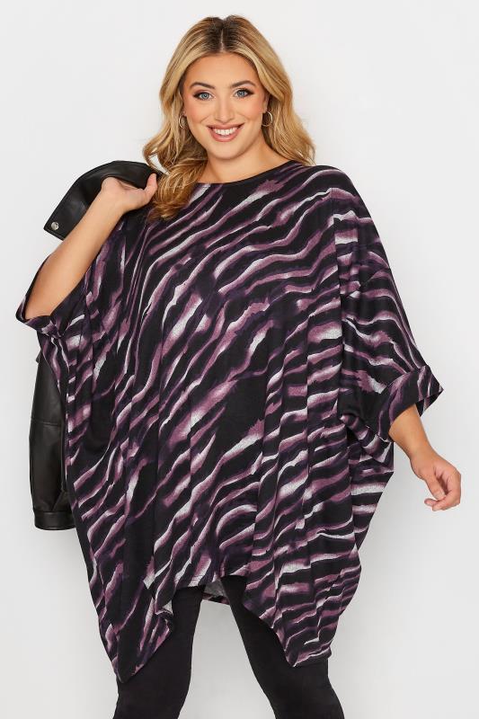 Plus Size Black & Purple Zebra Print Hanky Hem Top | Yours Clothing 1