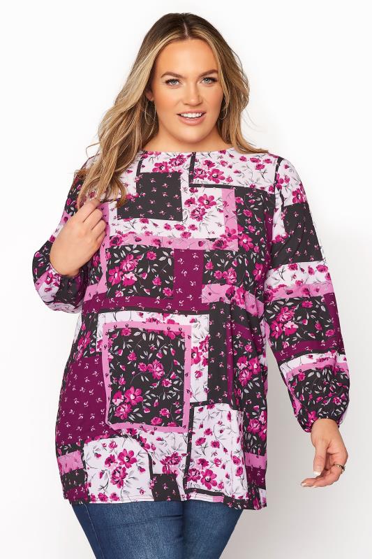 YOURS LONDON Pink Floral Patchwork Blouse_A.jpg