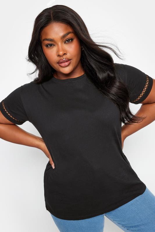 LIMITED COLLECTION Plus Size Black Crochet Trim Short Sleeve T-Shirt | Yours Clothing 1