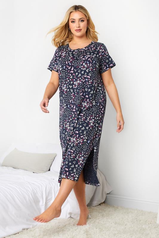  Tallas Grandes YOURS Curve Navy Blue Paisley Print Placket Midaxi Nightdress
