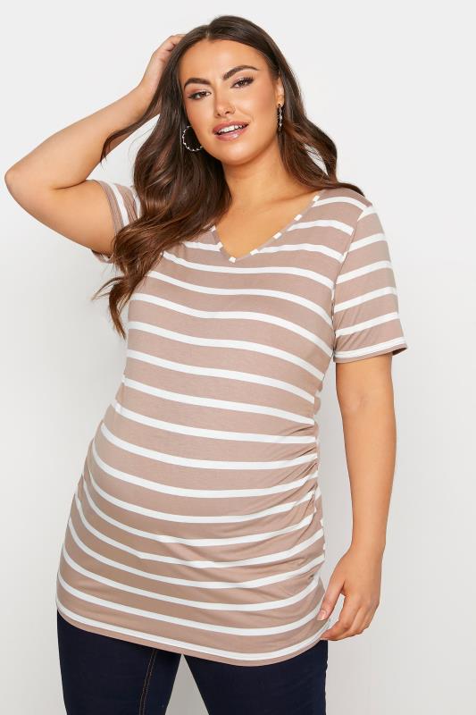 Plus Size BUMP IT UP MATERNITY Beige Brown & White Stripe T-Shirt | Yours Clothing 1