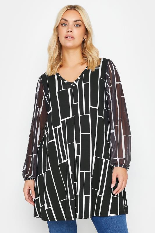 YOURS Plus Size Black Geometric Print Mesh Sleeve Top | Yours Clothing 1