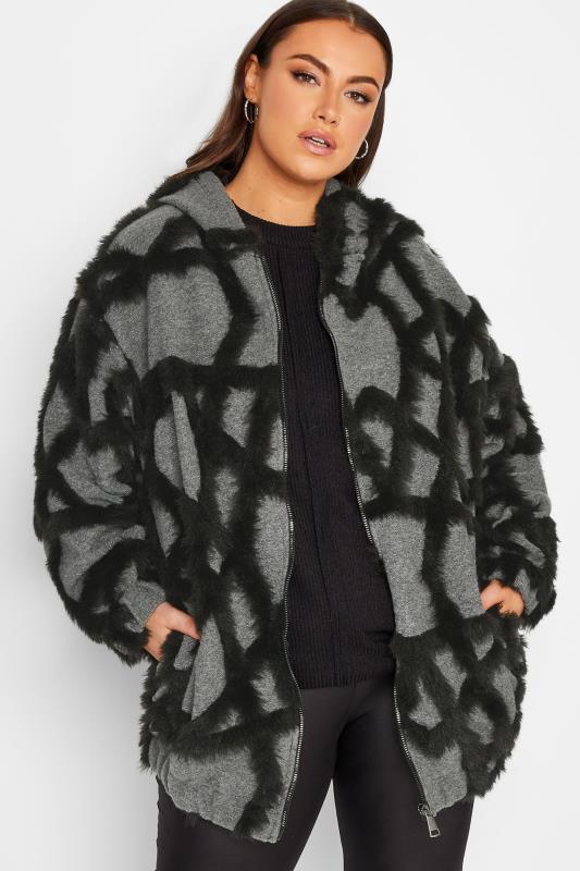 Plus Size  YOURS LUXURY Curve Grey Faux Fur Stripe Hooded Jacket