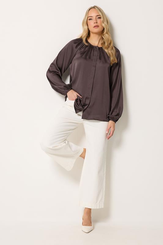 LTS Tall Women's Chocolate Brown Satin Button Top | Long Tall Sally 1
