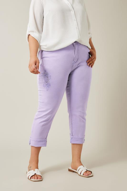 Plus Size  Evans Purple Embroidered Turn Up Denim Jean