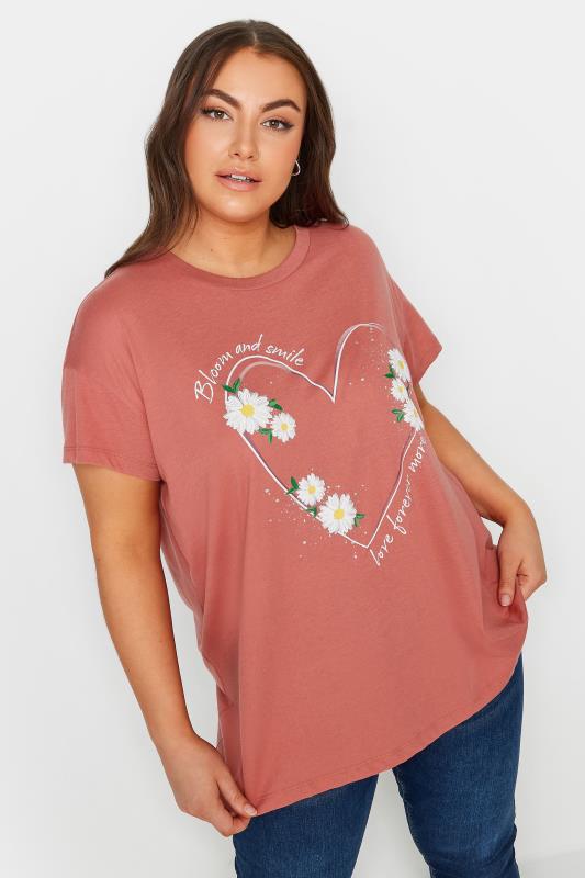 Plus Size  YOURS Curve Pink 'Bloom And Smile' Printed T-Shirt