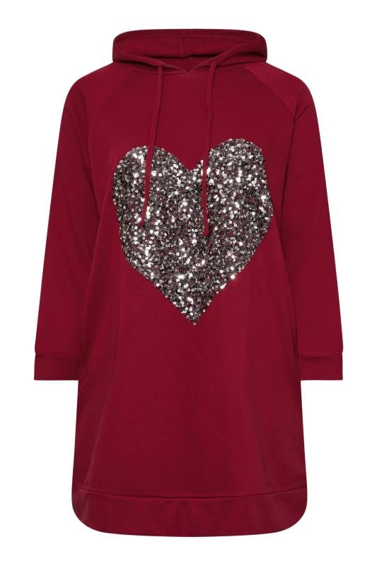 YOURS Plus Size Red Sequin Embellished Heart Hoodie Dress | Yours Clothing  5