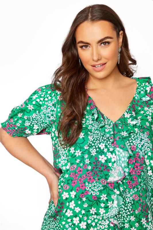 YOURS LONDON Green Floral Shirred Frill Top_D.jpg