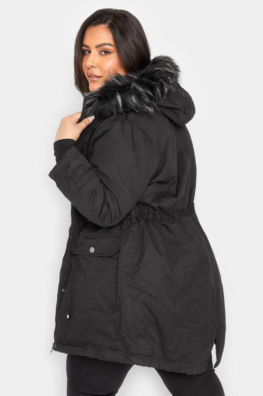 YOURS PETITE Plus Size Black Faux Fur Trim Hooded Parka Coat | Yours Clothing 3