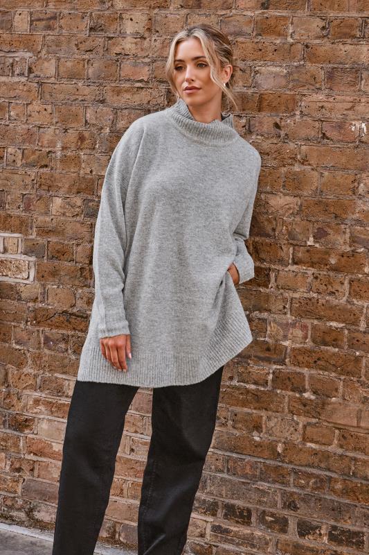 Plus Size  YOURS Curve Grey High Neck Knitted Jumper
