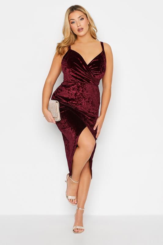 YOURS LONDON Plus Size Burgundy Red Velvet Bodycon Wrap Dress | Yours Clothing 1