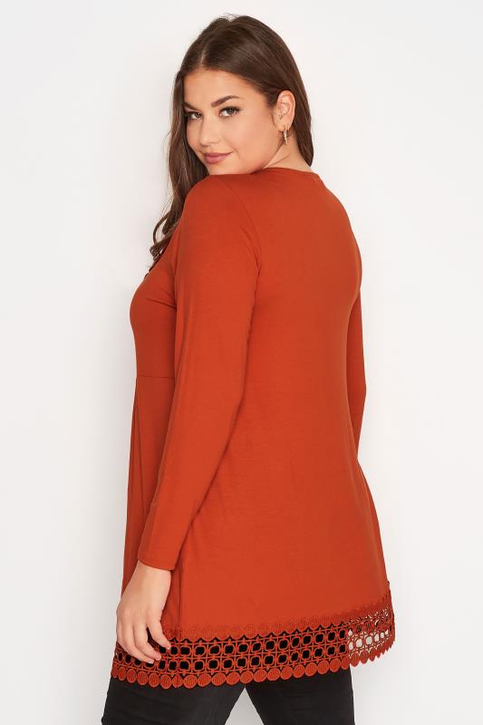 Plus Size Orange Crochet Trim Long Sleeve Tunic Top | Yours Clothing 3