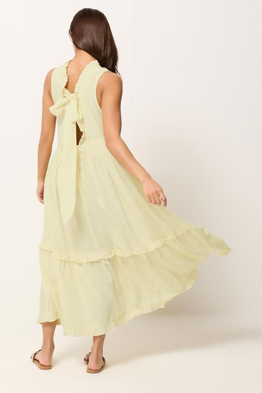 PixieGirl Petite Women's Yellow Ruffle Tie Back Midi Dress | PixieGirl 2