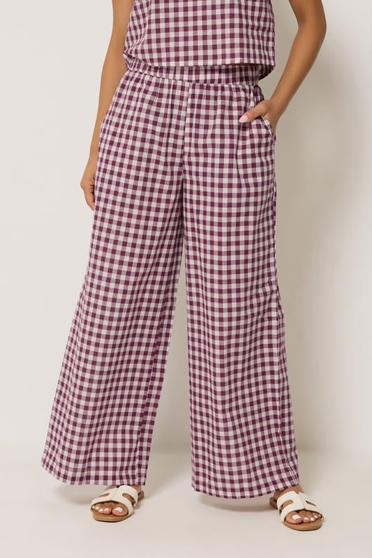 PixieGirl Petite Women's Set Burgundy Red Gingham Cotton Top & Wide Leg Trousers | PixieGirl 2